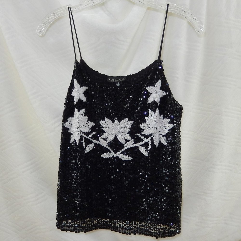 Topshop Women's Tank Top / Black Sequin & White Floral Beaded Top